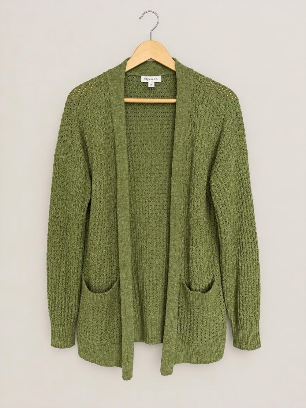 Time and Tru Olive Open-Front Knit Cardigan Sweater